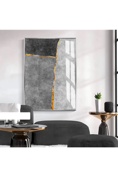 Harikabirev HARİKABİREV|SOYUT GOLD-SİYAH-GRİ ELEGANT DESENLİ MODEL II |ÇERÇEVELİ TEMPERLİ CAM TABLO TEKLİ DİKEY ürün görseli