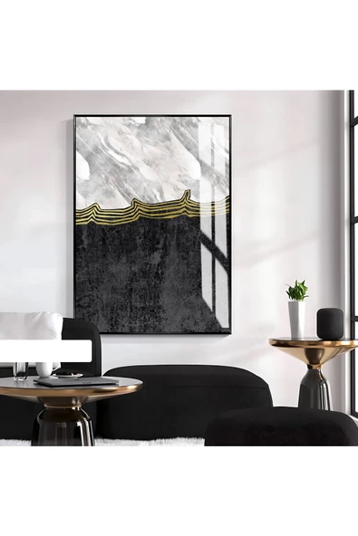 Harikabirev HARİKABİREV|SOYUT SİYAH-GRİ DESENLİ MODEL 1|ÇERÇEVELİ TEMPERLİ CAM TABLO TEKLİ DİKEY ürün görseli