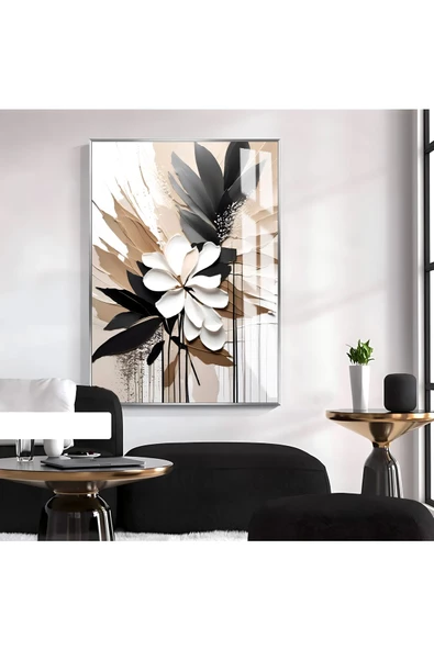 Harikabirev HARİKABİREV|SİYAH-BEJ-BEYAZ ÇİÇEK MODELİ |ÇERÇEVELİ TEMPERLİ CAM TABLO TEKLİ DİKEY ürün görseli