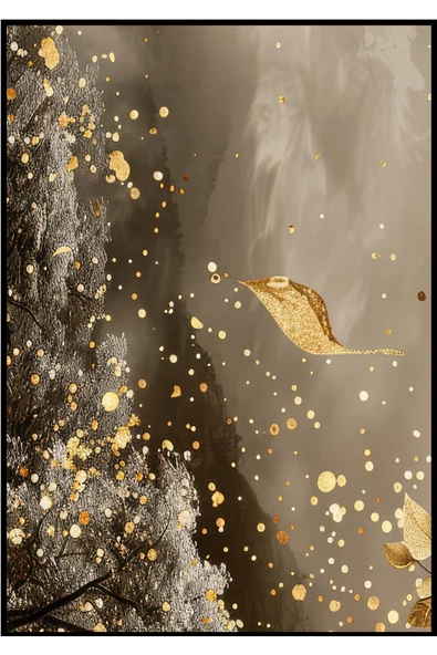 Harikabirev HARİKABİREV|KAHVERENGİ-GOLD YAPRAK DESEN SOYUT MODEL 1|ÇERÇEVELİ TEMPERLİ CAM TABLO TEKLİ DİKEY - Resim 2