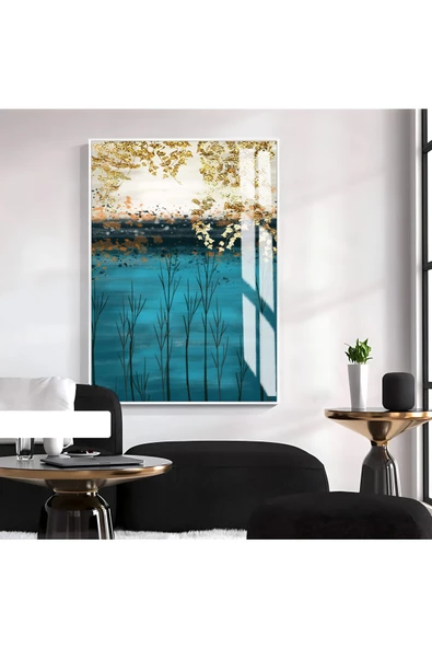 Harikabirev HARİKABİREV|TURKUAZ-GOLD-MAVİ SOYUT AĞAÇLI MANZARA MODEL 2|ÇERÇEVELİ TEMPERLİ CAM TABLO TEKLİ DİKEY ürün görseli