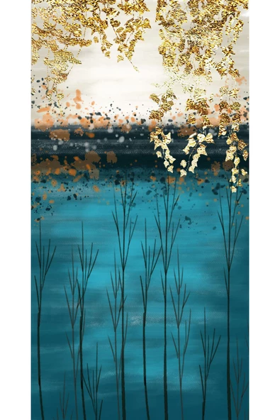 Harikabirev HARİKABİREV|TURKUAZ-GOLD-MAVİ SOYUT AĞAÇLI MANZARA MODEL 2|ÇERÇEVELİ TEMPERLİ CAM TABLO TEKLİ DİKEY - Resim 2
