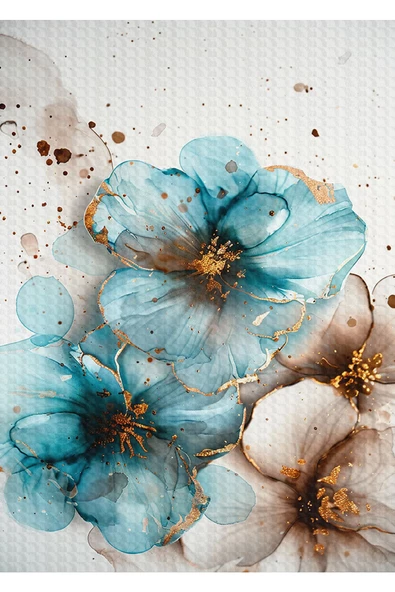 Harikabirev HARİKABİREV|MAVİ-GOLD-KAHVE RENK ÇİÇEK DESENLİ MODEL 04 |ÇERÇEVELİ TEMPERLİ CAM TABLO TEKLİ DİKEY - Resim 2