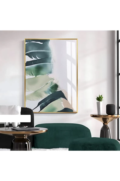 Harikabirev HARİKABİREV|YEŞİL-KREM SOYUT YAPRAK MODELİ II |ÇERÇEVELİ TEMPERLİ CAM TABLO TEKLİ DİKEY ürün görseli