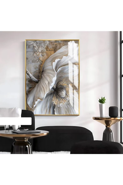 Harikabirev HARİKABİREV|GRİ-GOLD SOFT ÇİÇEK DESENLİ MODEL|ÇERÇEVELİ TEMPERLİ CAM TABLO TEKLİ DİKEY