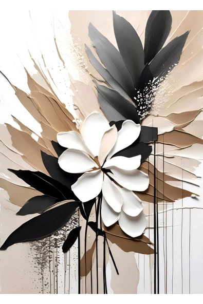 Harikabirev HARİKABİREV|SİYAH-BEJ-BEYAZ ÇİÇEK MODELİ |ÇERÇEVELİ TEMPERLİ CAM TABLO TEKLİ DİKEY - Resim 2