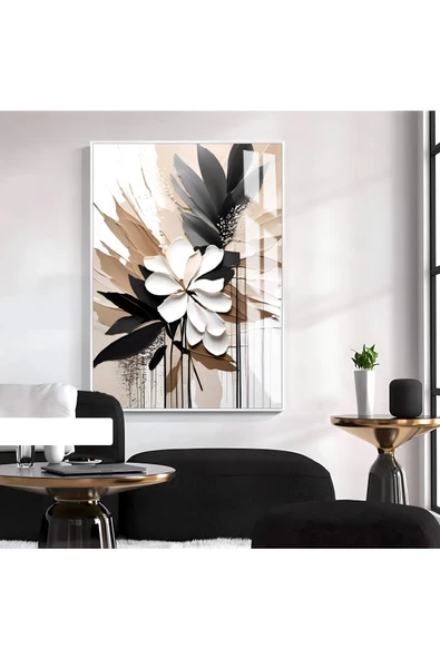 Harikabirev HARİKABİREV|SİYAH-BEJ-BEYAZ ÇİÇEK MODELİ |ÇERÇEVELİ TEMPERLİ CAM TABLO TEKLİ DİKEY ürün görseli