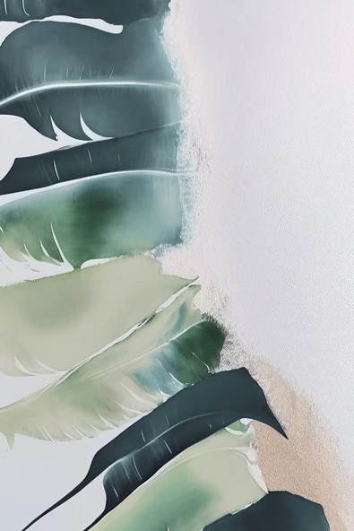 Harikabirev HARİKABİREV|YEŞİL-KREM SOYUT YAPRAK MODELİ II |ÇERÇEVELİ TEMPERLİ CAM TABLO TEKLİ DİKEY - Resim 2