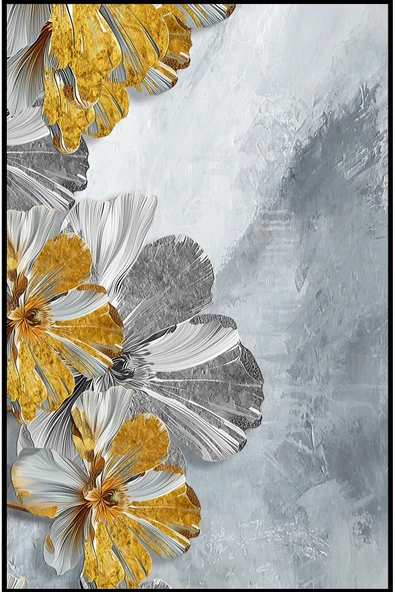 Harikabirev HARİKABİREV|GRİ-GOLD ÇİÇEKLİ MODEL II |ÇERÇEVELİ TEMPERLİ CAM TABLO TEKLİ DİKEY - Resim 2