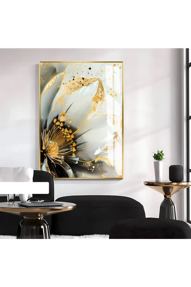 Harikabirev HARİKABİREV|GOLD-BEYAZ ÇİÇEK DESENLİ MODELİ 2|ÇERÇEVELİ TEMPERLİ CAM TABLO TEKLİ DİKEY