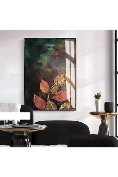 Harikabirev HARİKABİREV|SOFT TURUNCU-YEŞİL YAPRAKLI MODEL II |ÇERÇEVELİ TEMPERLİ CAM TABLO TEKLİ DİKEY ürün görseli
