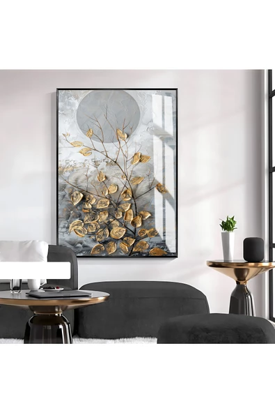 Harikabirev HARİKABİREV|GOLD-GRİ YAPRAK DESENLİ SOYUT MODEL 1|ÇERÇEVELİ TEMPERLİ CAM TABLO TEKLİ DİKEY