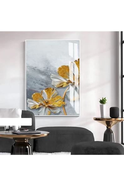 Harikabirev HARİKABİREV|GRİ-GOLD ÇİÇEKLİ MODEL III |ÇERÇEVELİ TEMPERLİ CAM TABLO TEKLİ DİKEY ürün görseli
