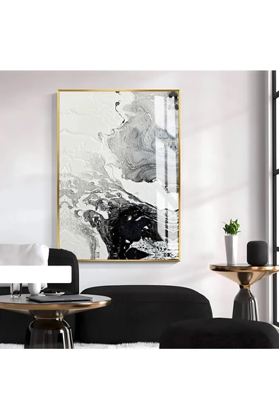 Harikabirev HARİKABİREV|SİYAH-GRİ DALGA DESEN SOYUT MODEL 2|ÇERÇEVELİ TEMPERLİ CAM TABLO TEKLİ DİKEY ürün görseli