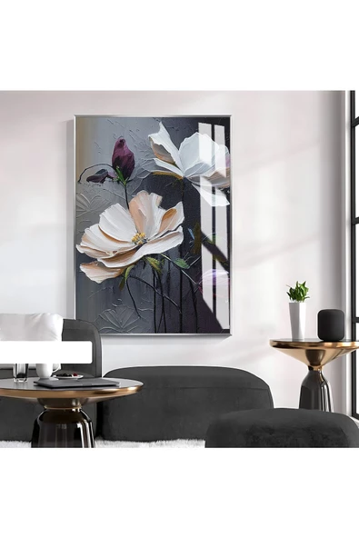 Harikabirev HARİKABİREV|MOR KREM RENKLİ ÇİÇEKLİ MODEL 1|ÇERÇEVELİ TEMPERLİ CAM TABLO TEKLİ DİKEY ürün görseli