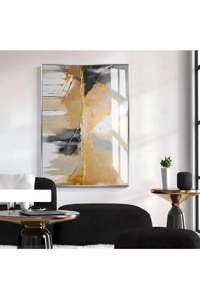 Harikabirev HARİKABİREV|SOYUT KAHVE-GRİ-SİYAH DESENLİ MODEL 1|ÇERÇEVELİ TEMPERLİ CAM TABLO TEKLİ DİKEY ürün görseli