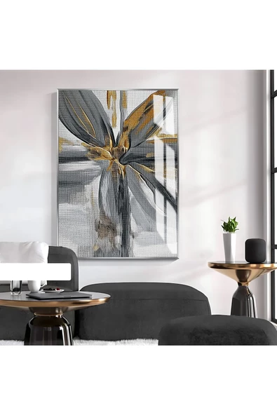 Harikabirev HARİKABİREV|GOLD-GRİ ÇİÇEK DESENLİ SOYUT MODEL 1|ÇERÇEVELİ TEMPERLİ CAM TABLO TEKLİ DİKEY ürün görseli