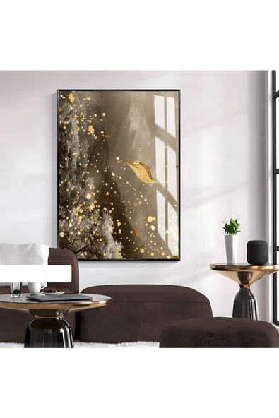 Harikabirev HARİKABİREV|KAHVERENGİ-GOLD YAPRAK DESEN SOYUT MODEL 1|ÇERÇEVELİ TEMPERLİ CAM TABLO TEKLİ DİKEY
