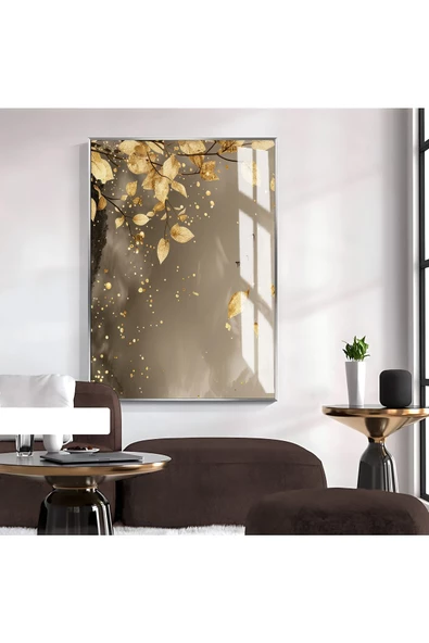 Harikabirev HARİKABİREV|KAHVERENGİ-GOLD YAPRAK DESEN SOYUT MODEL 2|ÇERÇEVELİ TEMPERLİ CAM TABLO TEKLİ DİKEY