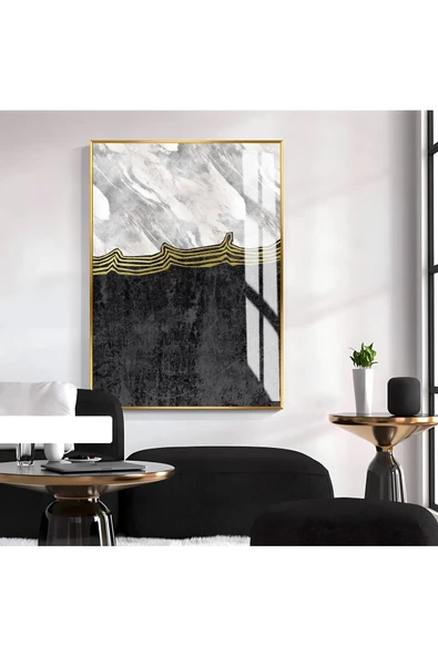 Harikabirev HARİKABİREV|SOYUT SİYAH-GRİ DESENLİ MODEL 1|ÇERÇEVELİ TEMPERLİ CAM TABLO TEKLİ DİKEY ürün görseli