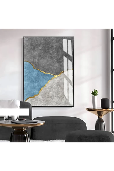 Harikabirev HARİKABİREV|SOYUT GRİ-GOLD-MAVİ ELEGANT SEVİLEN DESEN 1|ÇERÇEVELİ TEMPERLİ CAM TABLO TEKLİ DİKEY ürün görseli