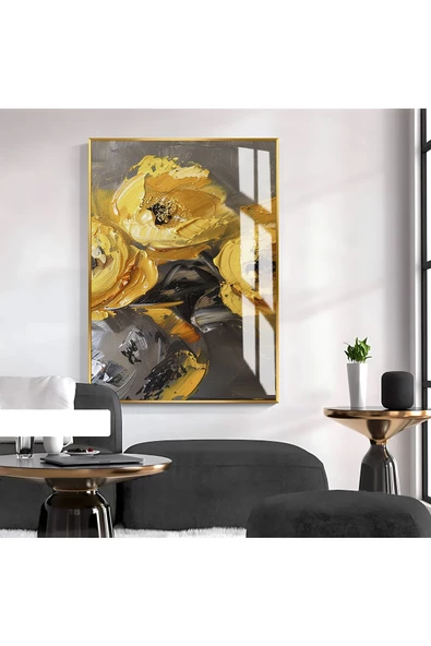 Harikabirev HARİKABİREV|SOFT GRİ-SARI GÜL DESENLİ MODEL 1|ÇERÇEVELİ TEMPERLİ CAM TABLO TEKLİ DİKEY ürün görseli