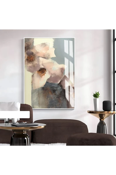 Harikabirev HARİKABİREV|SOYUT DESEN KREM-GRİ ÇİÇEK MODEL 1|ÇERÇEVELİ TEMPERLİ CAM TABLO TEKLİ DİKEY ürün görseli