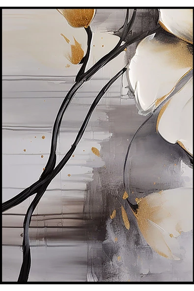 Harikabirev HARİKABİREV|GRİ-KREM-SİYAH ÇİÇEK DESENLİ MODEL 2|ÇERÇEVELİ TEMPERLİ CAM TABLO TEKLİ DİKEY - Resim 2