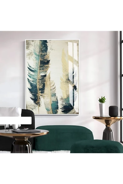 Harikabirev HARİKABİREV|YEŞİL-KREM SOYUT YAPRAK MODELİ |ÇERÇEVELİ TEMPERLİ CAM TABLO TEKLİ DİKEY ürün görseli