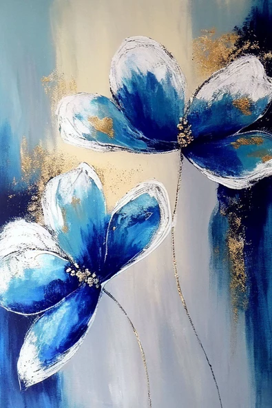 Harikabirev HARİKABİREV|MAVİ-GRİ SOYUT ÇİÇEK KOMBİN|TEMPERLİ ÇERÇEVELİ CAM TABLO  2Lİ DİKEY - Resim 2