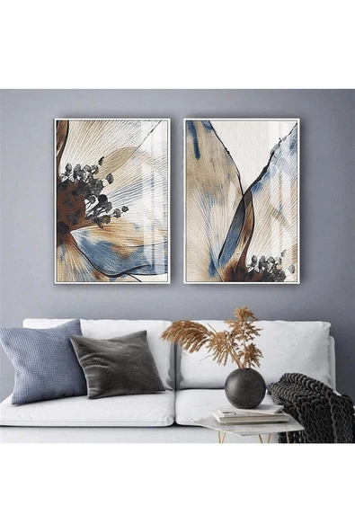 Harikabirev HARİKABİREV|KREM-GRİ ÇİÇEK KOMBİNİ |TEMPERLİ ÇERÇEVELİ CAM TABLO  2Lİ DİKEY ürün görseli