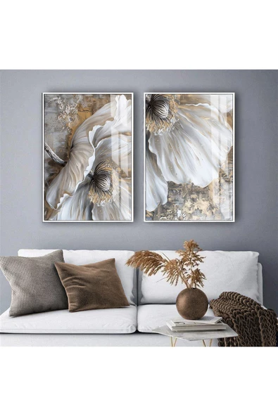 Harikabirev HARİKABİREV|GRİ-KREM ÇİÇEK KOMBİNİ |TEMPERLİ ÇERÇEVELİ CAM TABLO  2Lİ DİKEY ürün görseli