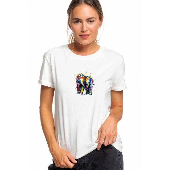 Renkli Filler Illüstrasyon Tuval Baskı Suluboya Baskılı Beyaz Kadın Örme Tshirt t-shirt tişört T shi