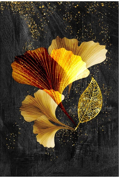 Harikabirev HARİKABİREV|GOLD-SİYAH ÇİÇEK YAPRAK KOMBİN|TEMPERLİ ÇERÇEVELİ CAM TABLO  2Lİ DİKEY - 2