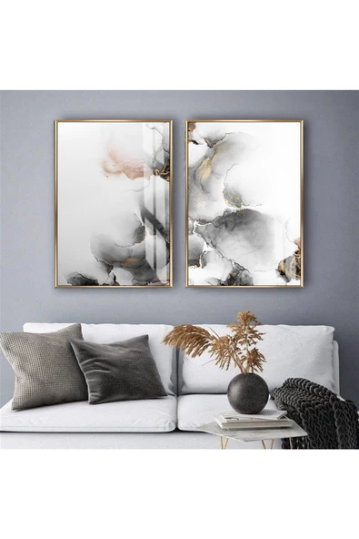 Harikabirev HARİKABİREV|GOLD-GRİ SOYUT KOMBİNİ III |TEMPERLİ ÇERÇEVELİ CAM TABLO  2Lİ DİKEY ürün görseli