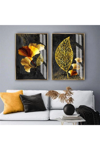 Harikabirev HARİKABİREV|GOLD-SİYAH ÇİÇEK YAPRAK KOMBİN|TEMPERLİ ÇERÇEVELİ CAM TABLO  2Lİ DİKEY