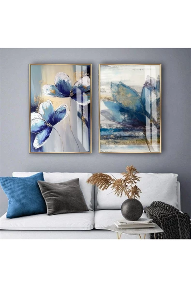 Harikabirev HARİKABİREV|MAVİ-GRİ SOYUT ÇİÇEK KOMBİN|TEMPERLİ ÇERÇEVELİ CAM TABLO  2Lİ DİKEY ürün görseli