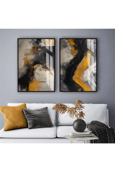 Harikabirev HARİKABİREV|SARI-GRİ-SİYAH SOYUT DESENLİ KOMBİN|TEMPERLİ ÇERÇEVELİ CAM TABLO  2Lİ DİKEY ürün görseli