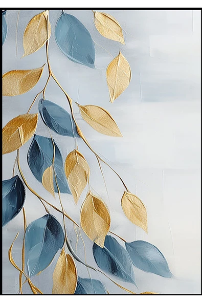 Harikabirev HARİKABİREV|MAVİ-SARI-GRİ YAPRAKLAR KOMBİNİ |TEMPERLİ ÇERÇEVELİ CAM TABLO  2Lİ DİKEY - Resim 2
