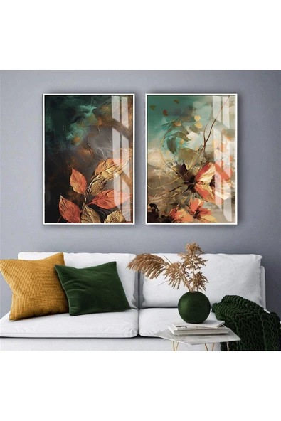 Harikabirev HARİKABİREV|TURUNCU-YEŞİL SOFT ÇİÇEK KOMBİNİ |TEMPERLİ ÇERÇEVELİ CAM TABLO  2Lİ DİKEY ürün görseli