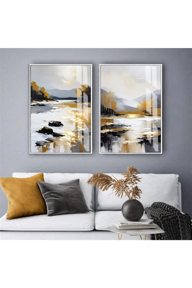 Harikabirev HARİKABİREV|GOLD-GRİ GÖL MANZARA KOMBİNİ |TEMPERLİ ÇERÇEVELİ CAM TABLO  2Lİ DİKEY ürün görseli
