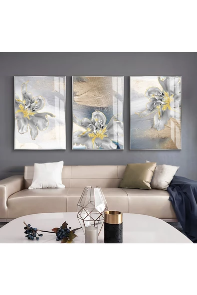Harikabirev HARİKABİREV|GRİ-GOLD SOYUT ÇİÇEK KOMBİNİ |ÇERÇEVELİ CAM TABLO  3LÜ DİKEY ürün görseli