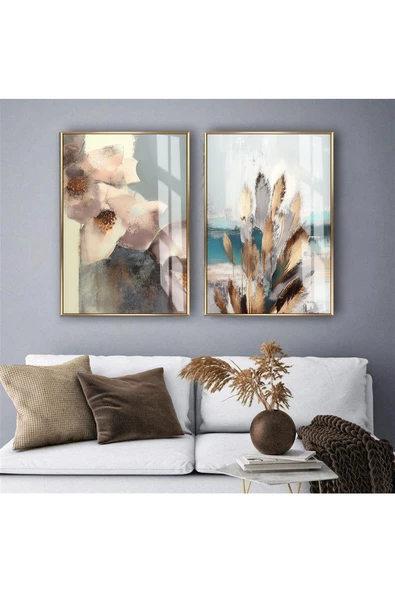 Harikabirev HARİKABİREV|KREM-GRİ SOYUT ÇİÇEK YAPRAK KONMBİN |TEMPERLİ ÇERÇEVELİ CAM TABLO  2Lİ DİKEY ürün görseli