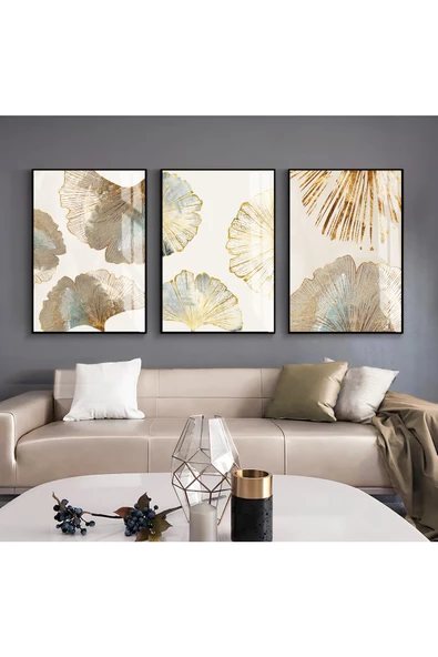 Harikabirev HARİKABİREV|GOLD-KREM SOFT YAPRAK KOMBİNİ |ÇERÇEVELİ CAM TABLO  3LÜ DİKEY ürün görseli