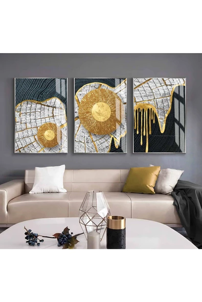 Harikabirev HARİKABİREV|GOLD-GRİ-SİYAH ETNİK SOYUT KOMBİNİ|ÇERÇEVELİ CAM TABLO  3LÜ DİKEY ürün görseli