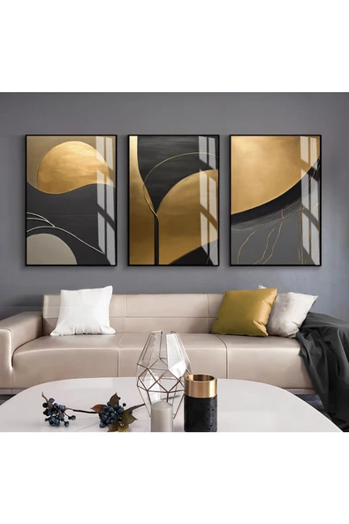 Harikabirev HARİKABİREV|SİYAH-GOLD SOYUT KOMBİNİ |ÇERÇEVELİ CAM TABLO  3LÜ DİKEY ürün görseli