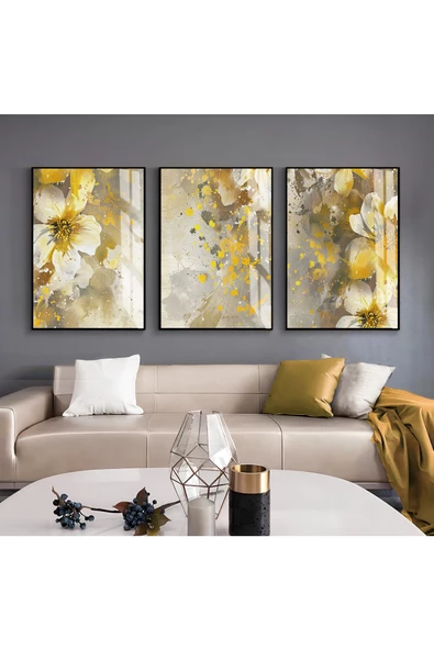 Harikabirev HARİKABİREV|SARI-GRİ ÇİÇEK DESENLİ KOMBİN |ÇERÇEVELİ CAM TABLO  3LÜ DİKEY ürün görseli