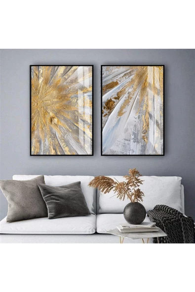 Harikabirev HARİKABİREV|GOLD-GRİ SOYUT DESENLİ KOMBİNİ |TEMPERLİ ÇERÇEVELİ CAM TABLO  2Lİ DİKEY ürün görseli