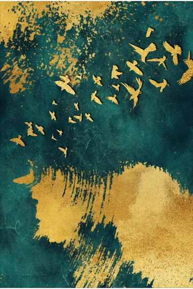 Harikabirev HARİKABİREV|YEŞİL-GOLD KUŞLAR KOMBİNİ |ÇERÇEVELİ CAM TABLO  3LÜ DİKEY - Resim 5