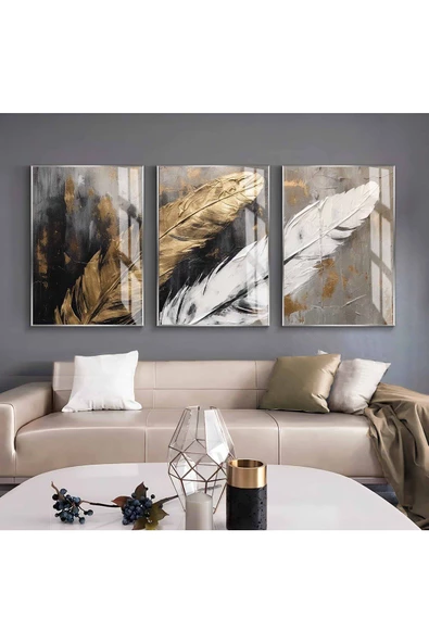 Harikabirev HARİKABİREV|SİYAH-GOLD-BEYAZ TÜY KOMBİNİ |ÇERÇEVELİ CAM TABLO  3LÜ DİKEY ürün görseli